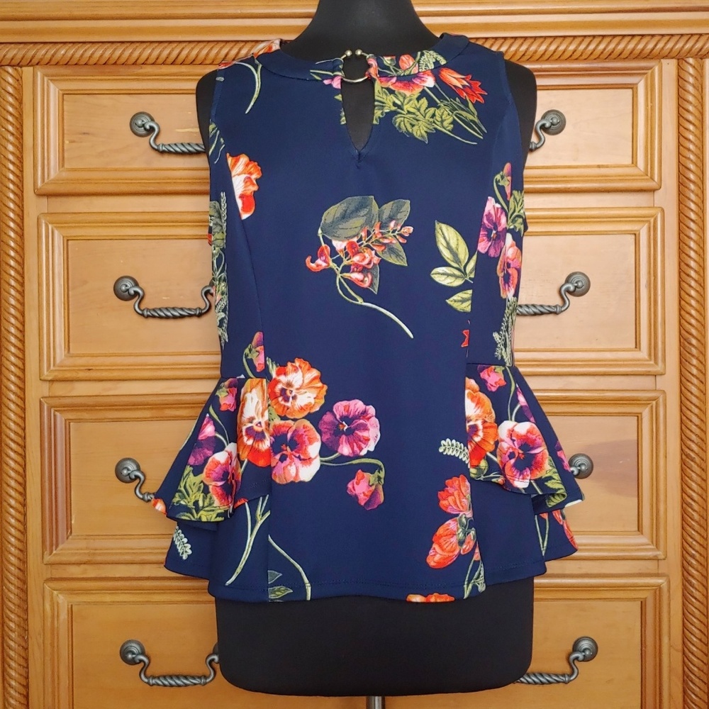 New York & Company Navy Floral Peplum Sleeveless Blouse